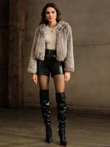 Anewsta Abrigo corto de mujer ombré esponjoso y versátil - Caqui - Ver 7