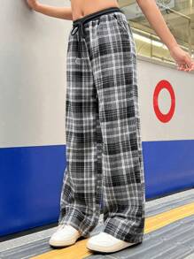 SHEIN Leap Crew 少女休闲宽松格纹阔腿裤，黑白拼接设计，质感舒适