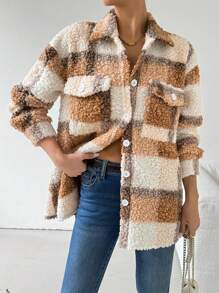 Chiquease Plaid Print Button Front Long Sleeve Jacket, Fall & Winter - Khaki - View 6