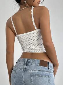 Aloruh Áo ba lỗ không tay in họa tiết chấm bi ren cho nữ - Đen và trắng - Xem 2