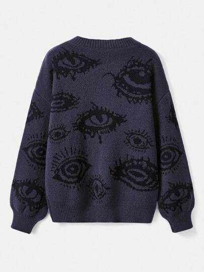 Grunge Punk pull à manches longues avec col rond, motif œil simple, usage casual quotidien