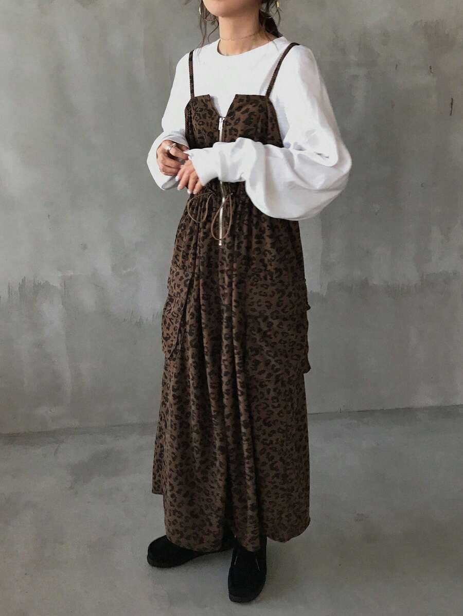 FRIFUL 女式夏季豹纹系腰长款休闲吊带连衣裙，返校服 - 棕色 - 查看 1