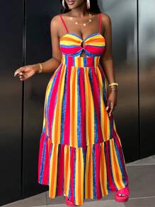 Slaydiva 度假优雅无袖镂空胸背镂空修身上衣宽松多层拼布彩色条纹图案连衣裙女春夏