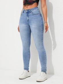 SHEIN Tall 休闲破洞紧身牛仔裤 - 淺色水洗藍 - 查看 1