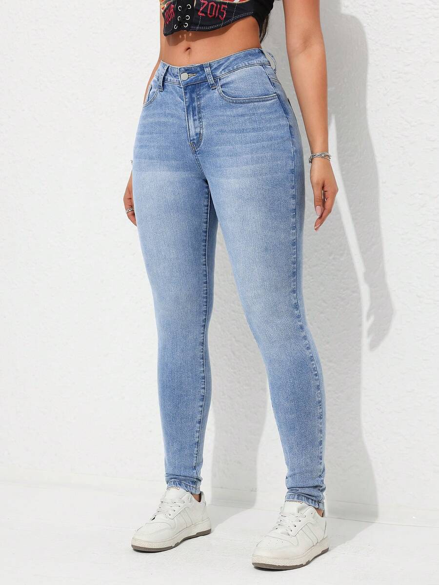 SHEIN Tall 休闲破洞紧身牛仔裤 - 淺色水洗藍 - 查看 1