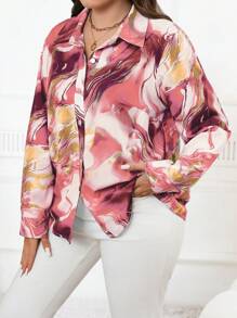 SHEIN Clasi 大码花卉印花纽扣长袖休闲衬衫 - 粉色 - 查看 6