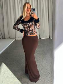 Aloruh Váy dệt kim siêu dài, eo siêu thấp, mặc thường ngày - Cà phê nâu - Xem 6