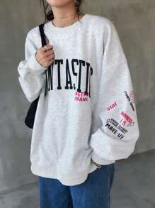 FRIFUL 女士宽松字母印花落肩卫衣，适合秋冬季节，长袖上衣，保暖内衬 - 灰色 - 查看 4