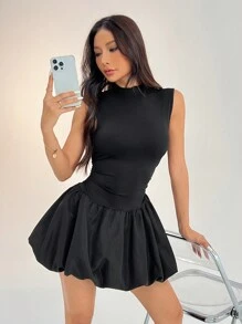 SHEIN PETITE Casual Women's Solid Color Stand Collar Summer Dress Bachelorette Dress Y2k Dress Summer Women Dresses Black Lantern Dress Hem Dress /Flower Bud Hem/Ruffle/Birthday Outfit/Bubble - Black - View 6