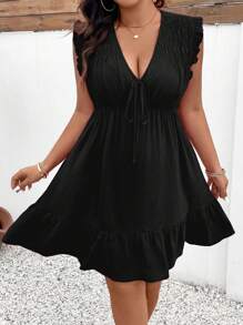 Breezaya Vestido de talla grande con nudo frontal y dobladillo de volantes