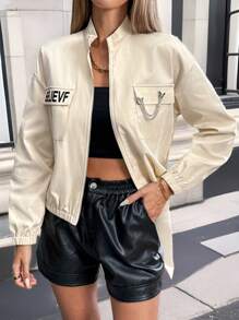 Chiquease 宽松百搭杏色拉链口袋蝴蝶装饰纽扣休闲夹克 - 杏色 - 查看 3