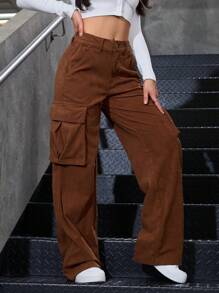Women's Plain Color Cargo Pocket Loose Wide Leg Casual Pants
