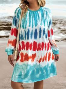 Plus Size Allover Print Crew Neck Long Sleeve Sweatshirt Pullover Fall Outfit - Multicolor - View 5