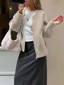 INAWLY Women's Solid Color Front Zipper Long Sleeve Casual Minimalist Sweater, Knit Pullover Fall Winter - Apricot - View 3