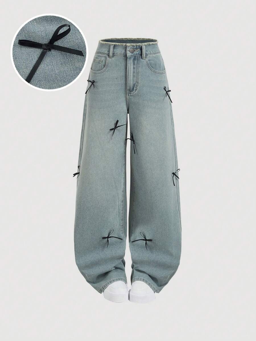 SHEIN MOD Quần Jeans Ống Rộng Rộng Thường Ngày Có Nơ Cho Nữ, Quần Jeans Nơ, Quần Jeans Nữ, Quần Jeans Nữ, Xanh Dương - Rửa tối - Xem 1