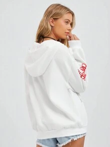 SHEIN EZwear Skeleton Pattern White Oversized Hoodie, Casual Sweatshirt For Fall & Winter, Halloween - White - View 2