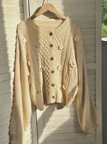 SHEIN Unity 纯色花卉贴花前纽扣长袖开衫 - 杏色 - 查看 4