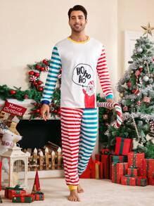 圣诞老人卡通图案可爱男士睡衣套装，秋冬服装