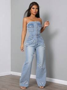 SHEIN SXY 女士休闲水洗牛仔连体裤，带毛边下摆 - 藍色 - 查看 6