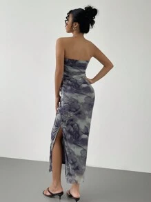 Chiquease Women Tie-Dye Printing Pleated Dress With Asymmetric Hem And Fitted Silhouette - Mint Green - View 2