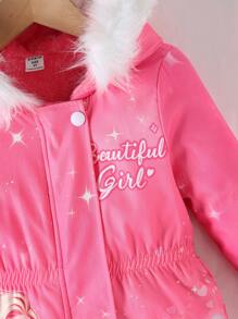 SHEIN 年轻女孩休闲连帽毛绒插肩袖收腰印花羊毛夹克，冬季 - 粉色 - 查看 4