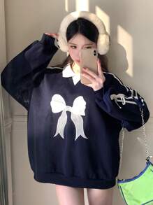 DAZY Women's Contrast Color Patchwork Ribbon Tie Embroidered Bow Sweatshirt,Long Sleeve Tops,Fall Clothes,Thermal Lined - Navy Blue - View 2