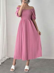 SHEIN Unity Ladies' Fashion Solid Color Pleated Breast Shirred Off Shoulder Dress