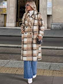 SHEIN LUNE 女士秋冬立领长袖双排扣长款格子羊毛保暖外套 - 彩色 - 查看 4