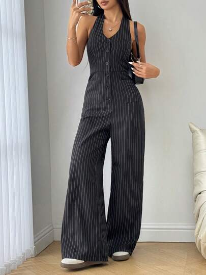 Flirla Sleeveless Front Button Casual Striped Jumpsuit, Daily Casual Wear Fall Cloth For Women