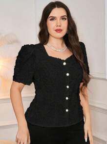 Mulvari Plus Size Summer Elegant Solid Color Cutout Puff Sleeve Blouse - Black - View 5