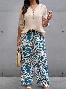 EMERY ROSE 2 件大码 V 领纽扣前长袖上衣和全身印花长裤套装 - 随机印花 - 彩色 - 查看 3