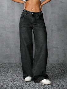 SHEIN ICON 女士宽松口袋阔腿休闲百搭牛仔裤