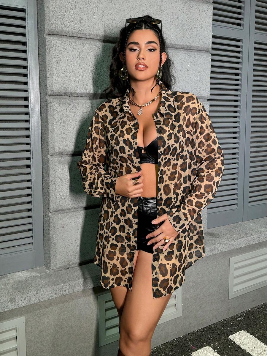 Ariqdhaksinargha Artist Plus Size Sexy Leopard Print Sheer Shirt, For Holiday, Vacation, Spring, Beach, Festival, Ibiza Fits - Multicolor - View 1