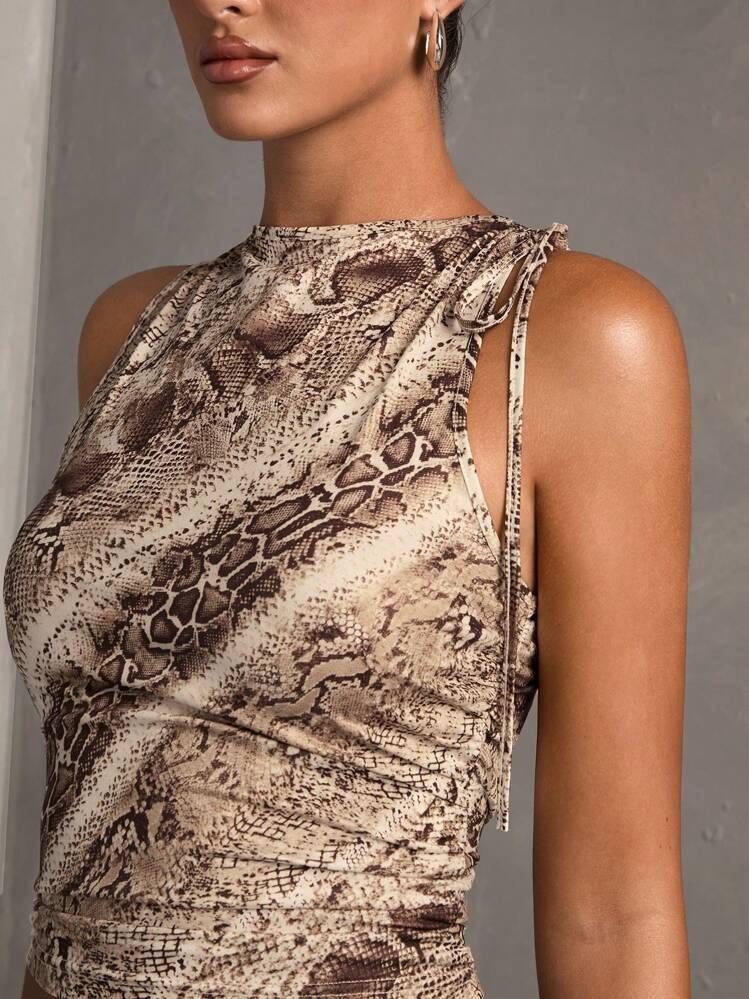 SHEIN BAE Women's Brown Snake Skin Printed Drawstring Gathered Simple Casual Tank Top - Brown - View 6