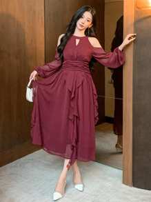 DAZY Women Solid Color Ruffle Ruffle Hem Chiffon Dress, Birthday ,New Year Eve Valentine Valentine's Day Prom Dress,Fall Clothes