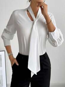 SHEIN Unity Women's Solid Color Tie Neck Long Sleeve Formal Blouse For Work