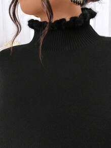 Calvaya Plus Size Women Solid Color Ruffle Collar Mock Neck Thermal Lined Thick Fitted Long Sleeve Sweater - Black - View 3