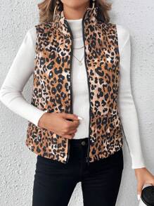 SHEIN VCAY Chaleco tipo jacket sin mangas con cierre de cremallera con estampado de print de leopardo