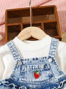 Baby Girl's Buttoned Denim Dress With Wide Straps, Strawberry Pattern, Ruffled Sleeveless Design, Casual, Comfortable - Light Wash - View 3