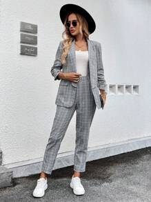 SHEIN LUNE Bộ đồ vest và quần dài kẻ caro cổ vuông thường ngày dành cho nữ, phù hợp cho công việc và dạo phố, dành cho nữ vào mùa thu/đông - Đen và trắng - Xem 4