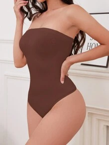 Women's Solid Color Bandeau One-Piece Shapewear - Coffee Brown - View 5