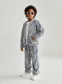 SHEIN Bộ 2 áo khoác hoodie và quần dài thời trang cho máy chơi game Tween Boy - Xám - Xem 1