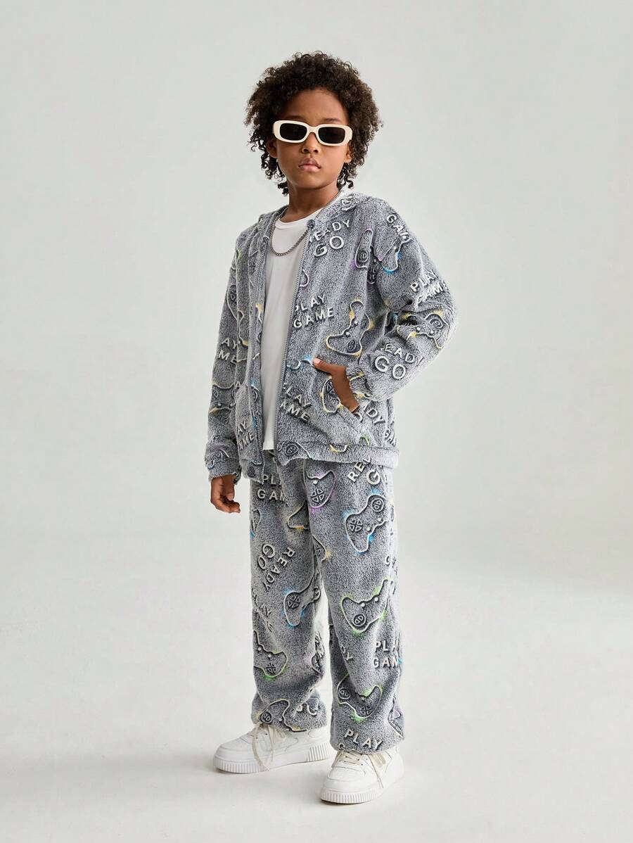 SHEIN Bộ 2 áo khoác hoodie và quần dài thời trang cho máy chơi game Tween Boy - Xám - Xem 1