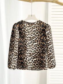 Camisa de manga larga con lazo y estampado de leopardo clásico casual para niña joven, adecuada para uso diario al aire libre, se combina bien con varios pantalones, otoño