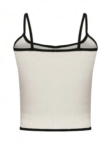 SHEIN Essnce Women's Hollow Bowknot Decor Contrast Trim Minimalist Knit Tank Top - Black and White - View 3