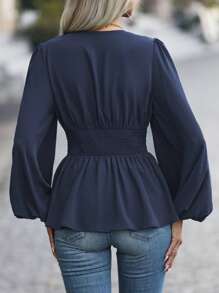 EMERY ROSE Blusa sencilla de manga larga con cuello en V y volantes, unicolor, informal y tipo peplum - Azul Marino - Ver 2