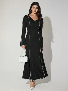 Modelyn Đầm dạ hội dài tay thanh lịch cổ chữ V phối màu cho nữ - Đen và trắng - Xem 5