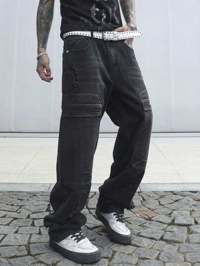 Manfinity EMRG Jeans de mezclilla rectos de corte holgado con bolsillos desgastados para hombre