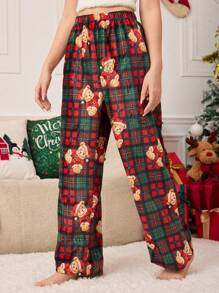 2pcs Teen Girl Christmas Pom Pom Teddy Bear Print Reversible Fuzzy Lounge Pants, Autumn/Winter 2024 - Multicolor - View 7