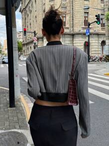 SHEIN Frenchy 女士春秋条纹长袖短款休闲棒球夹克 - 深灰色 - 查看 1